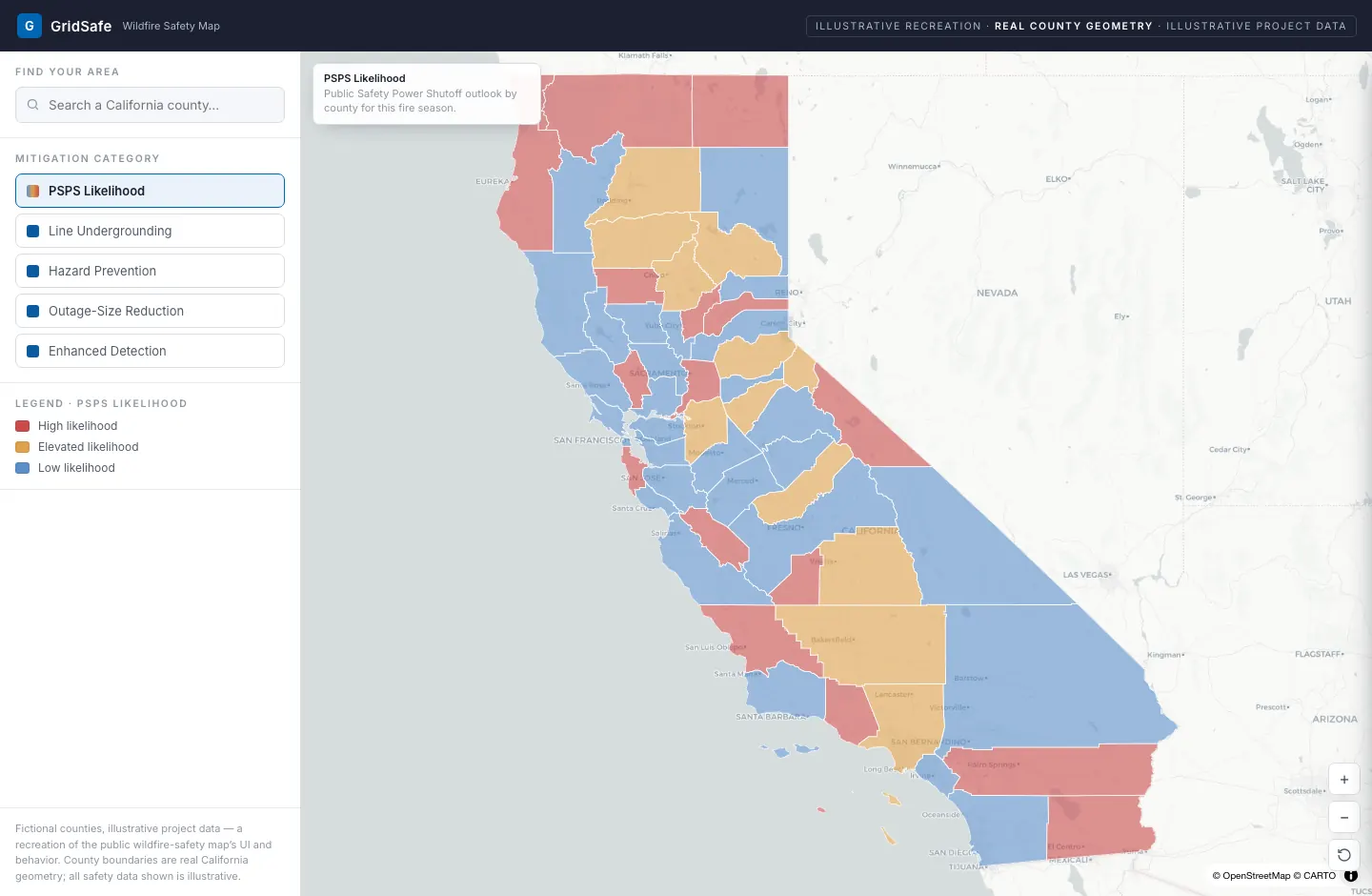 PG&E Community Wildfire Safety Map recreation — California county choropleth with category rail